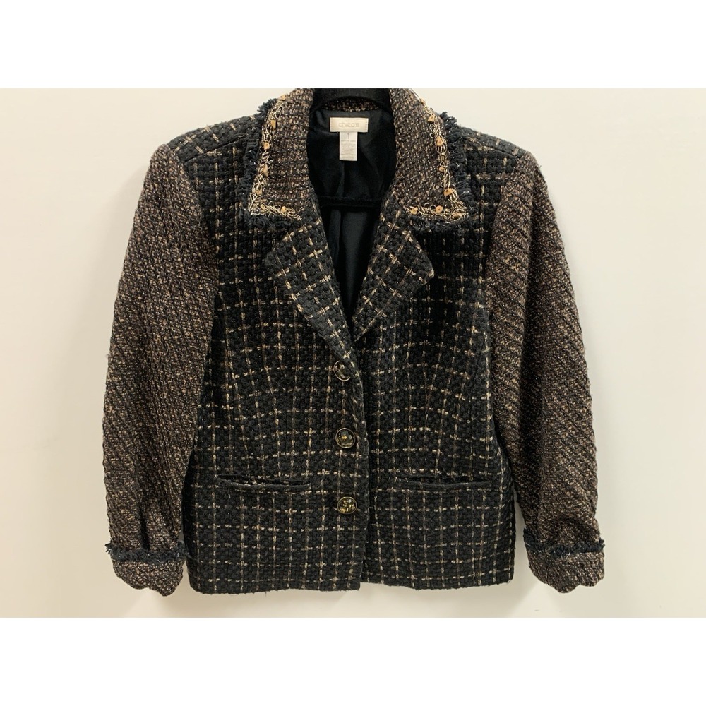 Chico's Black Brown Gold Accents Notch Lapel Blazer Women's Size‎ 1 US Medium 8